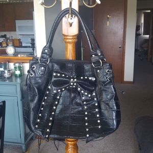 Large shoulder bag, black shiny faux leather